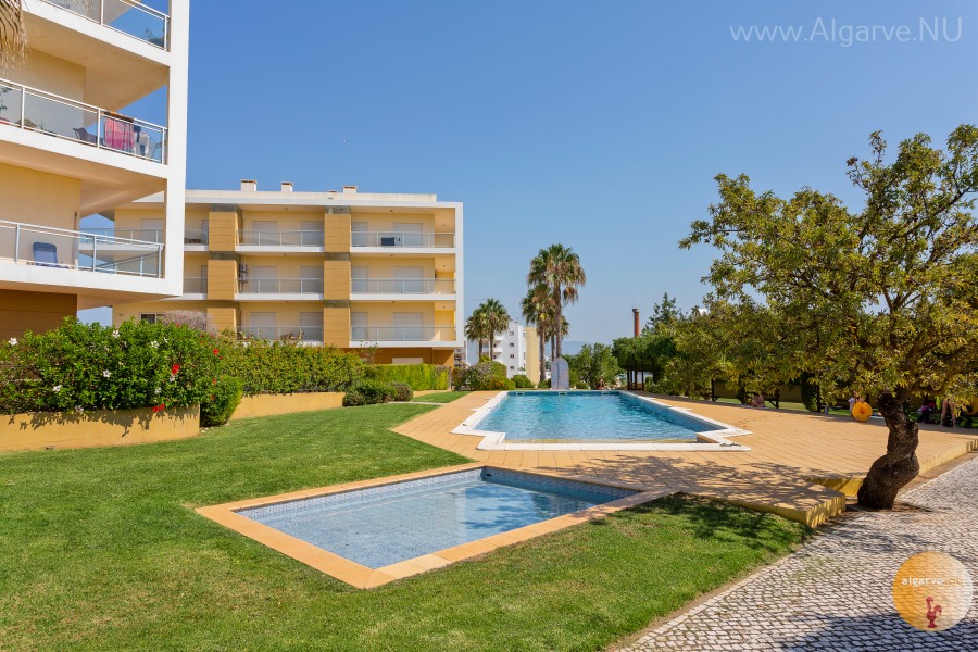 Schöne Schwimmbäder, abends beleuchtet und gepflegt.