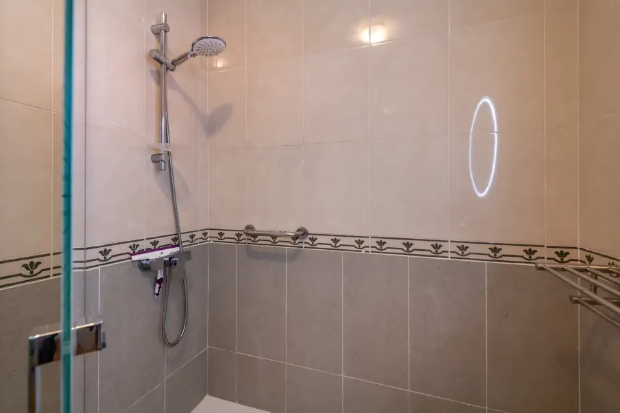 La salle de bains est équipée d'une grande douche à l'italienne.