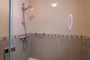 A close-up view inside a tiled walk-in shower enclosed by a glass panel on the left. The walls feature light cream tiles on the upper half and grey tiles on the lower half, divided by a decorative border with a small leaf pattern. A silver shower head with a flexible hose is mounted on the left wall, and a horizontal metal safety grab bar is attached to the center wall. A towel rack is partially visible on the right.