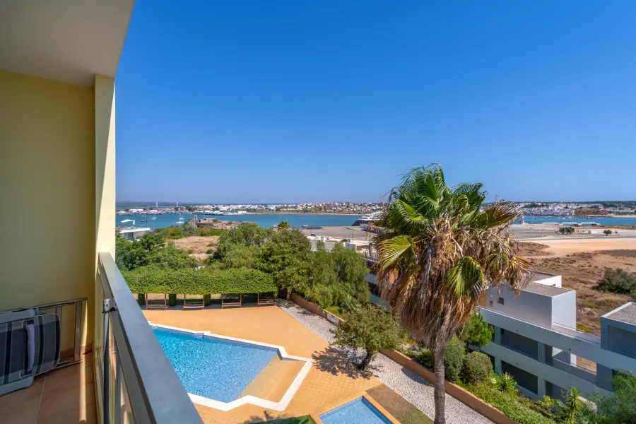 A wide-angle view from a high balcony under a clear blue sky, showing a large palm tree on the right and a partial view of the swimming pool below. The background features a sweeping panorama of a wide river or bay filled with boats, leading to a sprawling town coastline on the opposite shore.