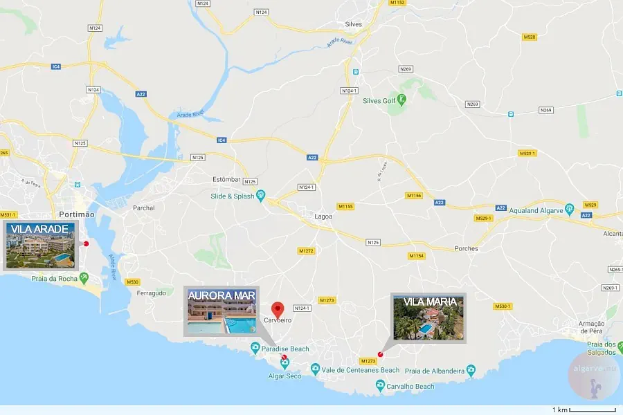 Map of the Algarve with our rental locations.